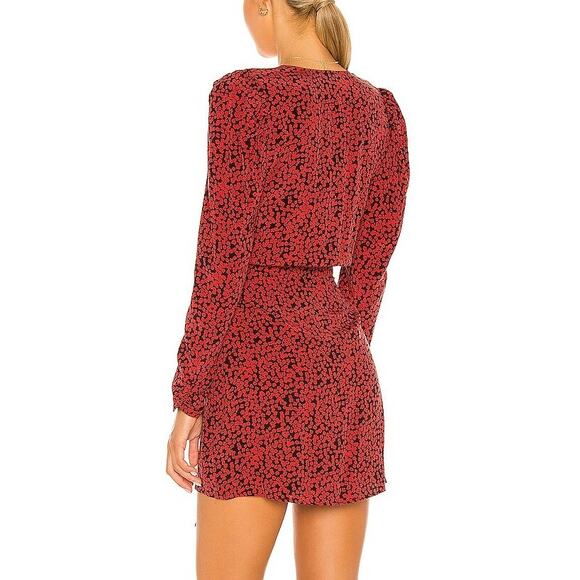 Free People Kinsley Red & Black Floral Print V-neck Long Sleeve Mini Wrap Dress - Picture 2 of 15